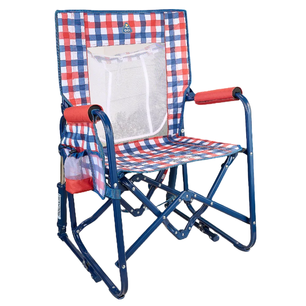 Luxury Camp Stowaway Rocker with Storage Pouch - Choice 573 - Heavy-Duty Kickback Rocker with Beverage Holder - Patriotic Plaid