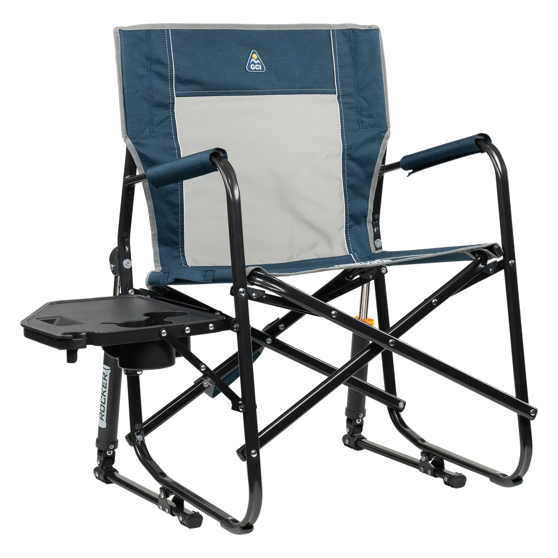 Luxury Camp Freestyle Rocker with Side Table - Choice 853 - Freestyle Rocker Portable Outdoor Folding Chair - Heathered Indigo