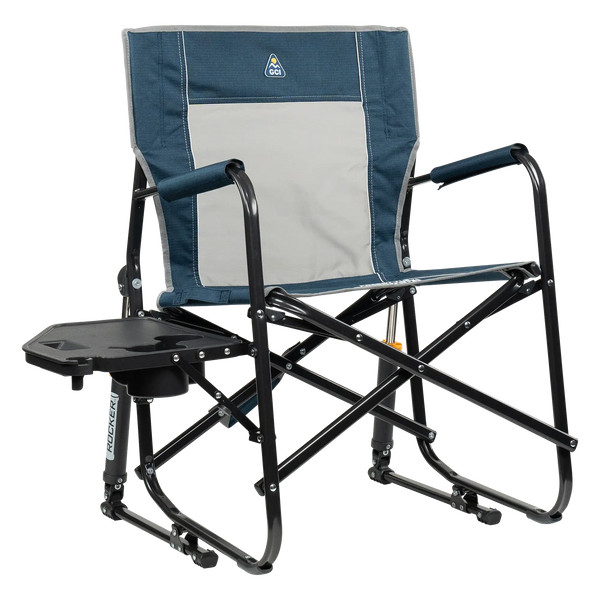 Luxury Camp Freestyle Rocker with Side Table - Choice 853 - Freestyle Rocker Portable Outdoor Folding Chair - Heathered Indigo