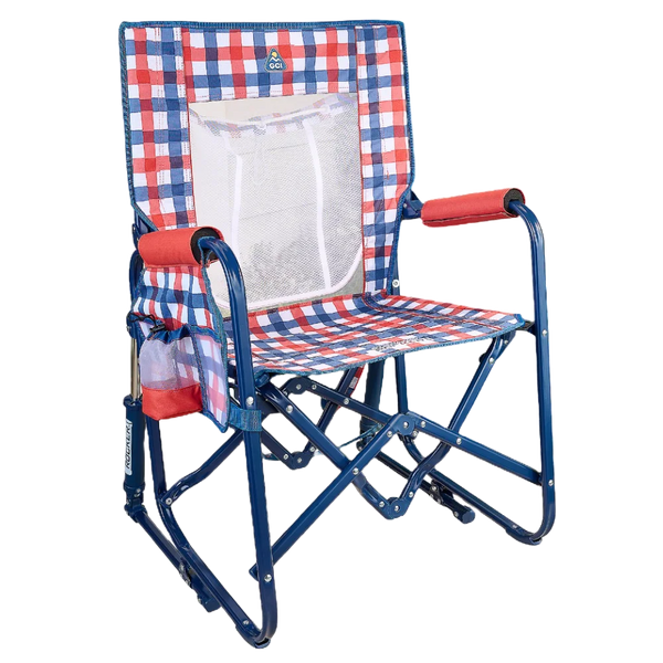 Luxury Camp Stowaway Rocker with Storage Pouch - Choice 573 - Heavy-Duty Kickback Rocker with Beverage Holder - Patriotic Plaid